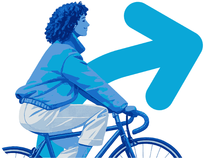 Illustration of a person riding a bicycle beside a forward-pointing arrow